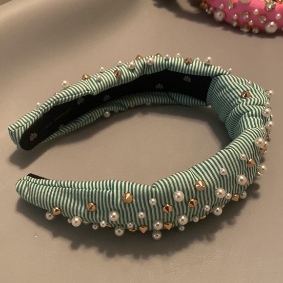 Lele Sadoughi Green & White Seersucker Embellished Knotted Headband - Picture 3 of 4